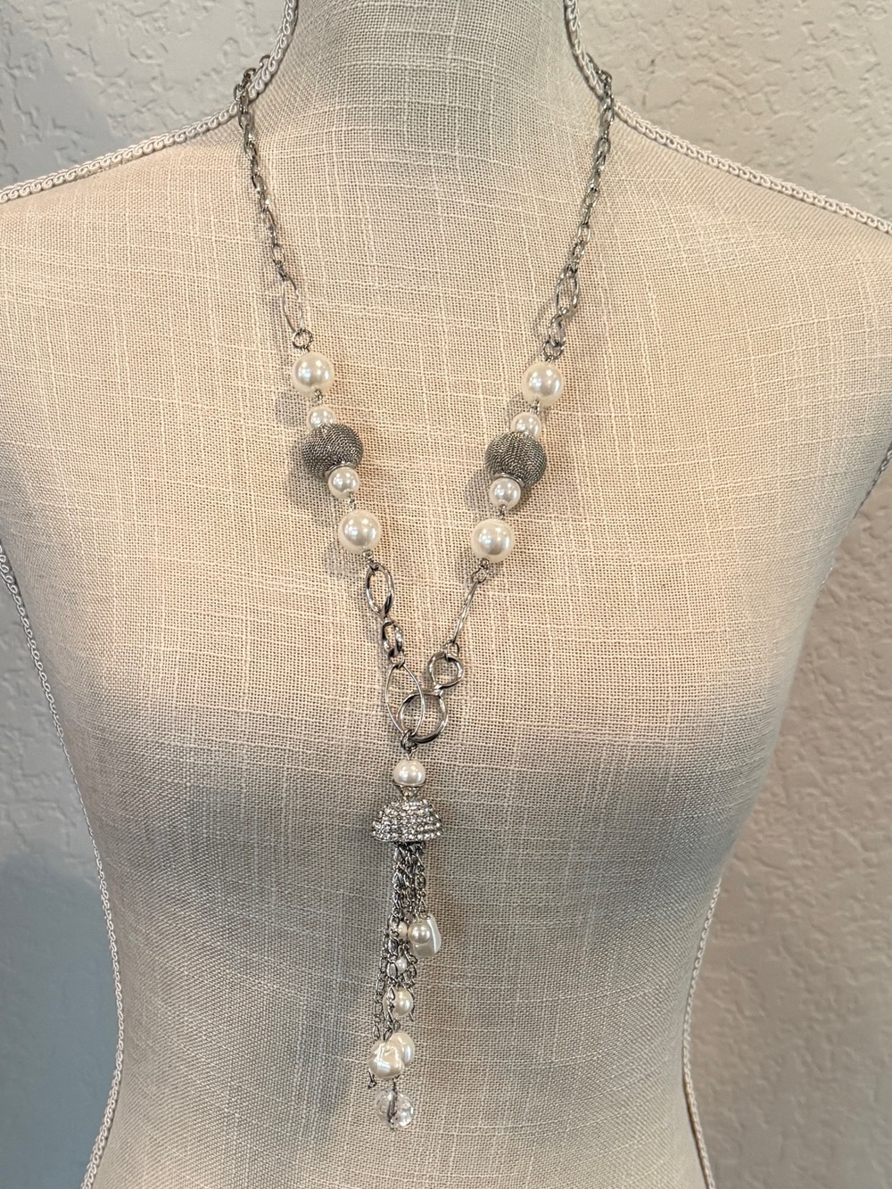 Silver-tone and Faux Pearl Tassel Statement Necklace